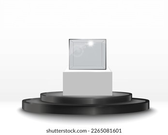 Realistic glass box or container on a white stand .Vector illustration.	
