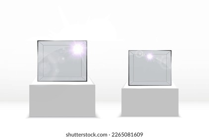 Caja de vidrio o contenedor realistas en un soporte blanco .Ilustración vectorial.	
