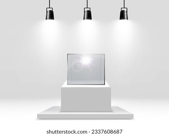 	
Realistic glass box or container on a white stand .Vector illustration.	