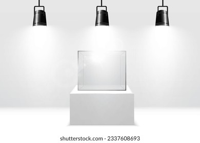 	
Realistic glass box or container on a white stand .Vector illustration.	