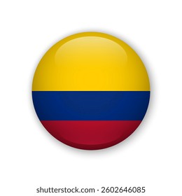Realistic glass button with flag of Colombia. 3d vector element with shadow For mobile apps UI and web.
