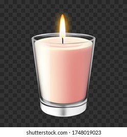 Realistic glass candlestick. Flaming wax candle in glass jar, romantic and cozy aroma burning candlelight vector illustration. Bright realistic romantic candlelight, fire decoration in glass