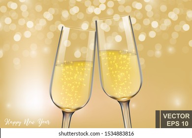 Realistic glass of champagne. Happy New Year and Merry Christmas. For your design.