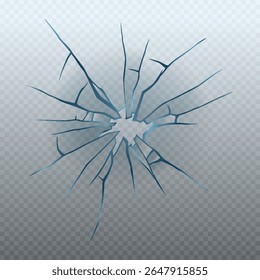 Realistic glass crack isolated on transparent background. Vector illustration of broken window, monitor display, gadget screen, car windshield, gunshot effect. Accident design element