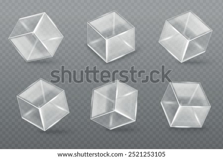 Realistic glass cubes. Glassy plastic transparent boxes, clear crystal acrylic cube geometric square shape empty showcase podium glossy display pedestal, exact vector illustration original artwork
