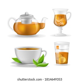 Realistic glass custard transparent teapot with hot fresh black tea, plastic glass and ceramic cup, mug of tea with sugar, infusion in transparent glass teapot vector illustration