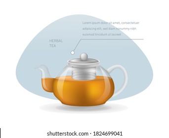 Realistic glass custard transparent teapot with hot fresh black tea infographic on a light background. Teapot with lid and tea leaves compartment vector illustration