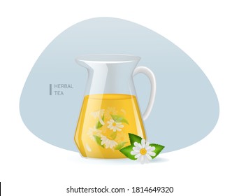 Realistic glass decanter with of chamomile custard tea with chamomile leaves and flowers infographic on a light background vector illustration