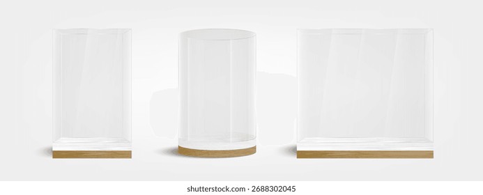Sistema de escaparate realista de la exhibición de cristal – Vector transparente de la maqueta del pedestal y de la caja de Galería de la exposición en el fondo blanco