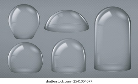 Conjunto de cúpulas de vidrio realista. Contenedores de diversas Formas. Maqueta de Snowglobe. Navidades y Año Nuevo, Noel Eve. Festiva y festival. colección de Vector 3D aislada sobre fondo transparente