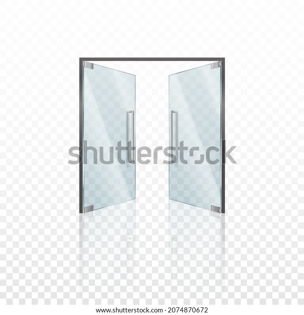 Realistic glass door double with metal\
handles. Modern clear doors with steel frame for shop store mall,\
boutique or office indoor entrance. Modern architecture layout. 3d\
vector illustration