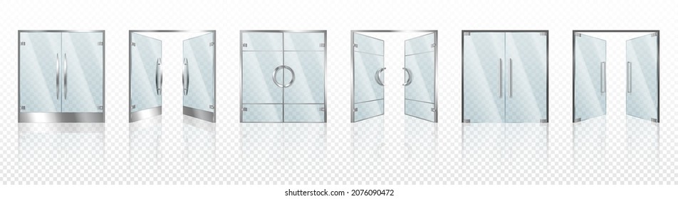 Realistic glass door. Entrance modern glass doors, office or shop mall steel frame close and open exit doorway isolated on transparent background. 3d vector illustration