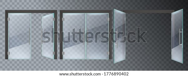 Realistic glass door.\
Entrance modern glass doors, office or shop mall steel frame close\
and open doors vector illustration set. Entrance glass door, empty\
transparent enter