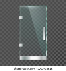 Realistic glass door. Modern clear doors with steel frame for shop store mall, boutique or office indoor entrance. Modern architecture layout, 3d isolated vector illustration