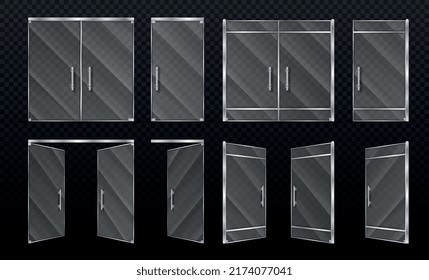 Realistic glass door set. Collection of exterior design elements, doors for boutiques and showcases for shops. Modern architecture. 3D vector illustrations isolated on transparent background