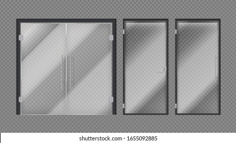 Realistic glass doors. Shopping mall, stores or office building entrance. Exterior interior modern elements with metal door handles vector illustration