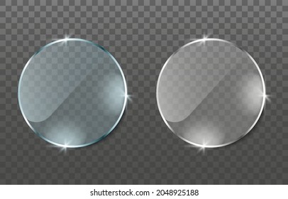 Realistic Glass Effect. Glass Plates On Transparent Background. Acrylic And Glass Texture With Glares And Light. Realistic Transparent Glass Window, Mirror In Circle Frame. Vector Illustration. PNG.