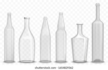 Realistic glass empty bottle in various design set vectro illustration