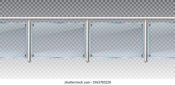 Realistic glass fence. Glass balustrade with metal railings, balcony or terrace plexiglass fencing 3d vector illustration. Glass balustrade. Fencing terrace, handrail metal and plexiglass transparent