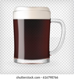 Realistic glass filled with dark stout beer with bubbles and foam. Transparent vector illustration