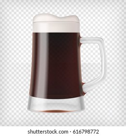 Realistic glass filled with dark stout beer with bubbles and foam. Transparent vector illustration