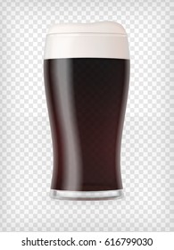 Realistic glass filled with dark stout beer with bubbles and foam. Transparent vector illustration