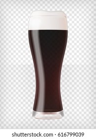 Realistic glass filled with dark stout beer with bubbles and foam. Transparent vector illustration