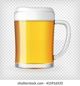 Realistic glass filled with light lager beer with bubbles and foam. Transparent vector illustration