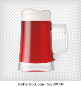 Realistic glass filled with red fruity beer with bubbles and foam. Transparent vector illustration
