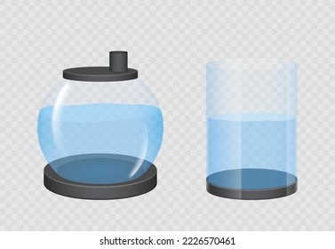 Realistische Glasfischschüssel, Aquarium mit Wasser auf transparentem Hintergrund. Glasaquarium, Schüssel für Fische mit blauer Flüssigkeit transparent für Wassertiertier. Vektorgrafik