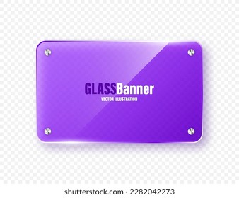 Realistic glass frame. Violet transparent glass banner with flares and highlights. Glossy acrylic plate, element with light reflection and place for text. Vector illustration