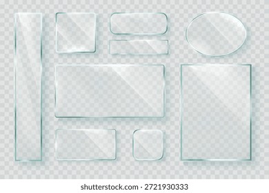 Molduras de vidro realistas. 3d vidro transparente quadro quadrado círculo forma, janela clara ou brilho de tela brilho efeito cristal placa placa botão oval, ilustração vetorial exata