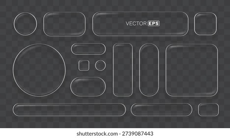 Realistic glass frames and buttons set on a transparent background. Perfect for UIUX design and web elements. Vector illustration