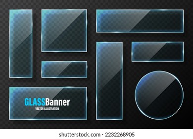 Colección de marcos de vidrio realista. Banderas de vidrio azul transparente con bengalas y resaltados. Placa acrílica brillante, elemento con reflexión luminosa y lugar para texto. Ilustración del vector