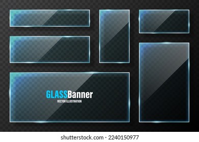 Realistic glass frames collection. Blue transparent glass banners with flares and highlights. Glossy acrylic plate, element with light reflection and place for text. Vector illustration