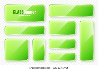 Realistic glass frames collection. Green transparent glass banners with flares and highlights. Glossy acrylic plate, element with light reflection and place for text. Vector illustration