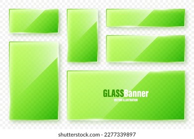 Realistic glass frames collection. Green transparent glass banners with flares and highlights. Glossy acrylic plate, element with light reflection and place for text. Vector illustration