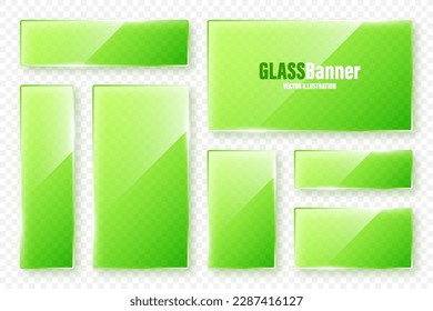 Realistic glass frames collection. Green transparent glass banners with flares and highlights. Glossy acrylic plate, element with light reflection and place for text. Vector illustration
