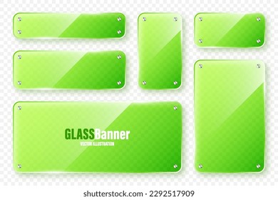 Realistic glass frames collection. Green transparent glass banners with flares and highlights. Glossy acrylic plate, element with light reflection and place for text. Vector illustration