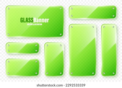 Realistic glass frames collection. Green transparent glass banners with flares and highlights. Glossy acrylic plate, element with light reflection and place for text. Vector illustration