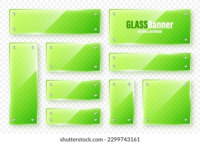 Colección de marcos de vidrio realista. Pancartas de cristal verde transparente con bengalas y resaltados. Placa acrílica brillante, elemento con reflexión luminosa y lugar para texto. Ilustración del vector