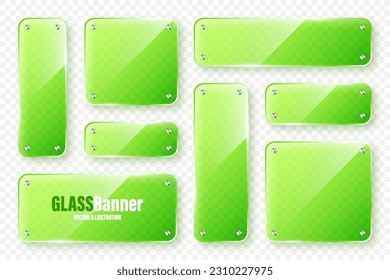Colección de marcos de vidrio realista. Pancartas de cristal verde transparente con bengalas y resaltados. Placa acrílica brillante, elemento con reflexión luminosa y lugar para texto. Ilustración del vector