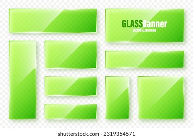 Realistic glass frames collection. Green transparent glass banners with flares and highlights. Glossy acrylic plate, element with light reflection and place for text. Vector illustration