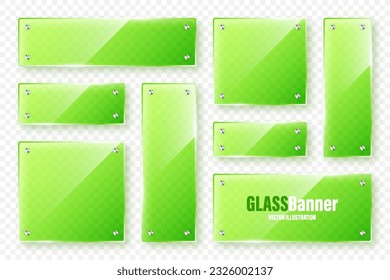 Realistic glass frames collection. Green transparent glass banners with flares and highlights. Glossy acrylic plate, element with light reflection and place for text. Vector illustration