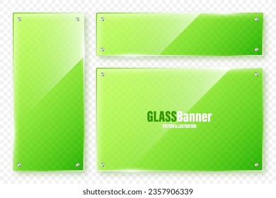 Colección de marcos de vidrio realista. Pancartas de cristal verde transparente con bengalas y resaltados. Placa acrílica brillante, elemento con reflexión luminosa y lugar para texto. Ilustración del vector