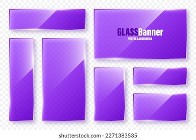 Colección de marcos de vidrio realista. Banderas de vidrio transparentes violentas con bengalas y resaltados. Placa acrílica brillante, elemento con reflexión luminosa y lugar para texto. Ilustración del vector