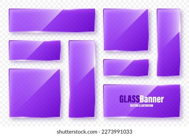 Realistic glass frames collection. Violet transparent glass banners with flares and highlights. Glossy acrylic plate, element with light reflection and place for text. Vector illustration