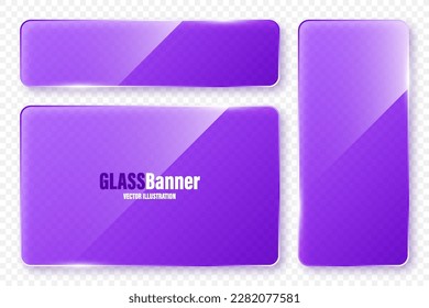 Realistic glass frames collection. Violet transparent glass banners with flares and highlights. Glossy acrylic plate, element with light reflection and place for text. Vector illustration