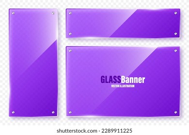 Realistic glass frames collection. Violet transparent glass banners with flares and highlights. Glossy acrylic plate, element with light reflection and place for text. Vector illustration