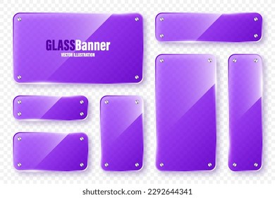 Realistic glass frames collection. Violet transparent glass banners with flares and highlights. Glossy acrylic plate, element with light reflection and place for text. Vector illustration